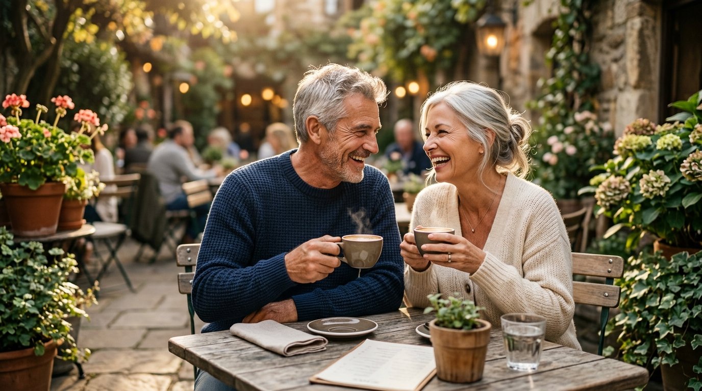 Active mature couple in their late 50s laughing warmly together over morning coffee on an outdoor garden terrace, representing modern senior dating guidance
