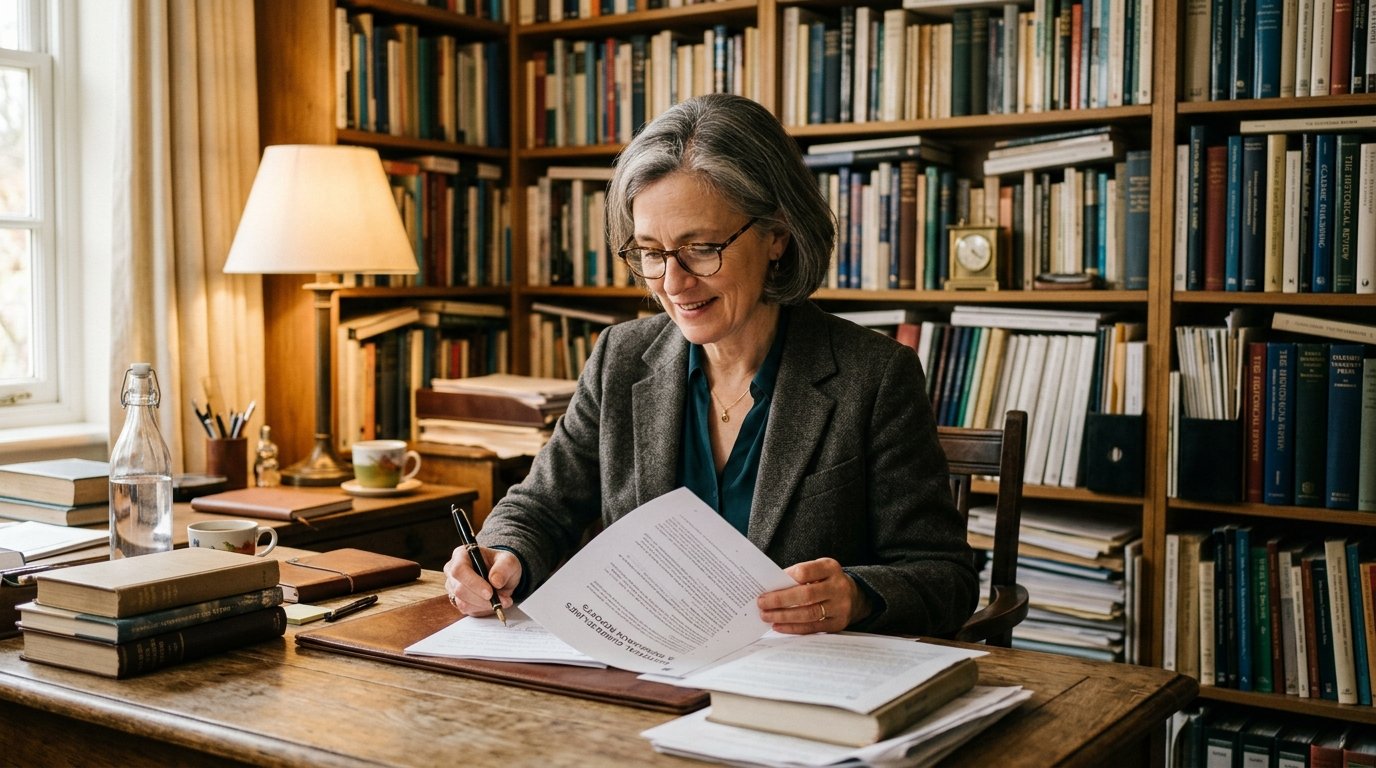 Distinguished mature relationship research editor reviewing factual guidelines at an oak desk in a study library, illustrating editorial integrity