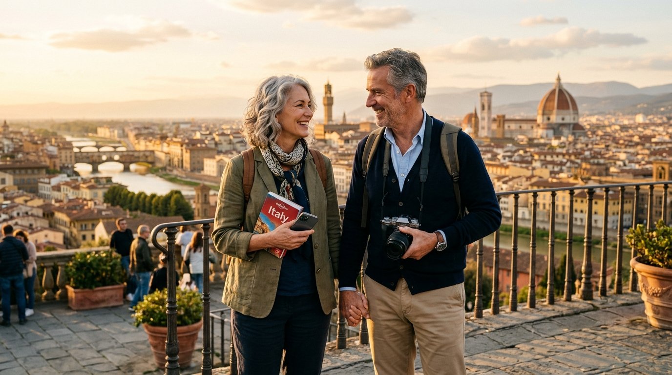 Active mature couple in their late 50s traveling in Europe, holding hands and smiling over a panoramic historic city view, representing global senior dating and travel companionship