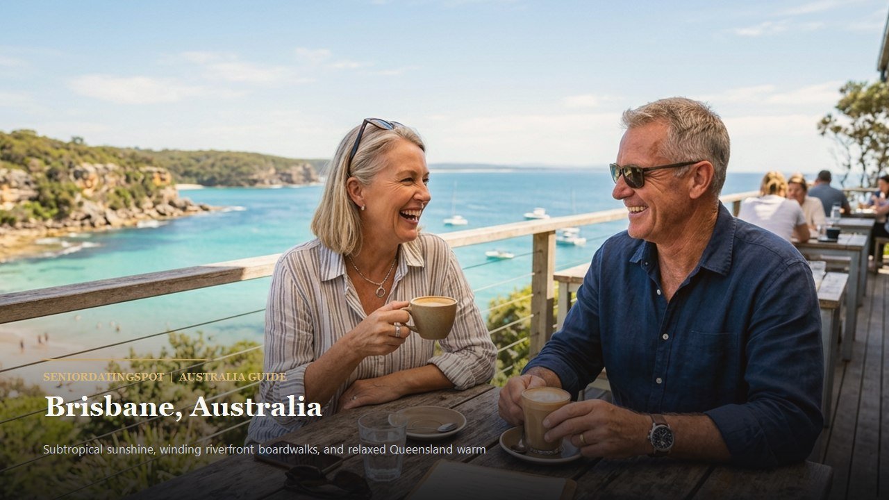 Mature Australian couple walking along Brisbane South Bank parkland river walk