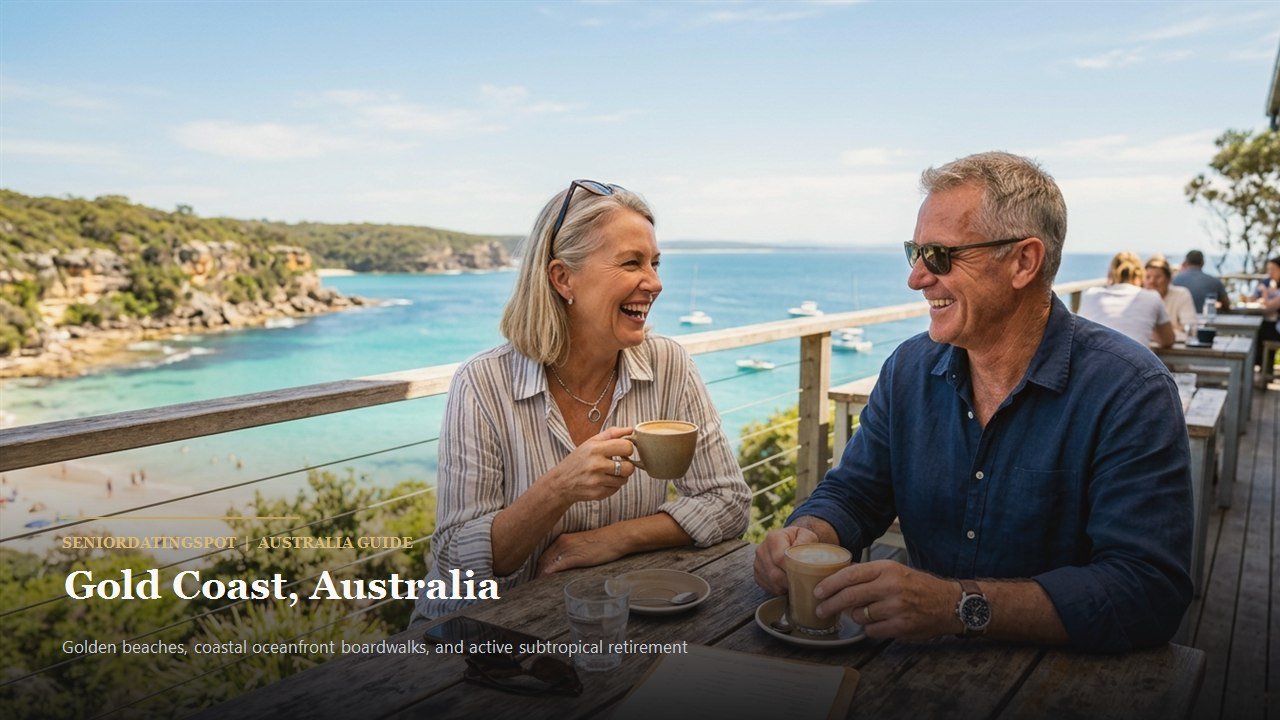 Mature Australian couple walking on golden sand beach boardwalk on Gold Coast