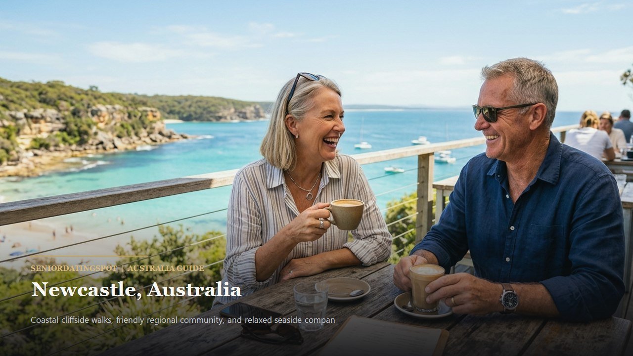 Senior couple walking along Newcastle Memorial Walk overlooking the Pacific Ocean