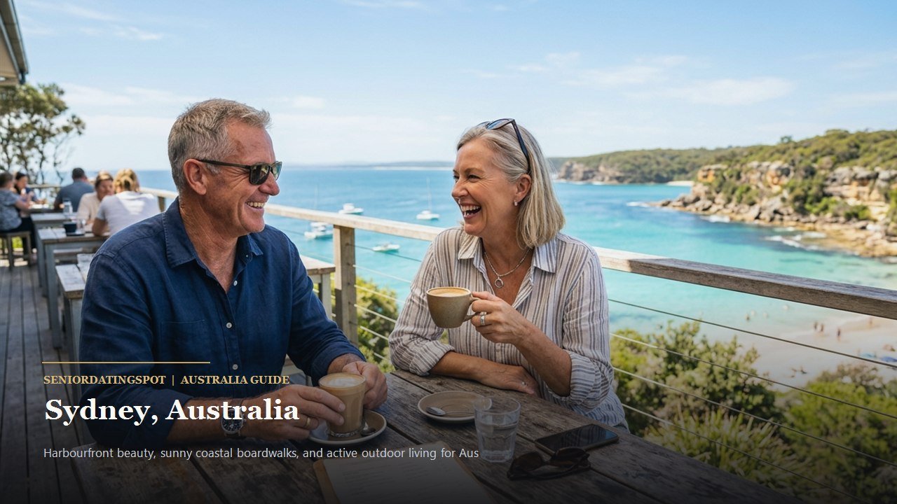 Australian mature couple enjoying morning coffee at a sunny seaside cafe overlooking coastal waters