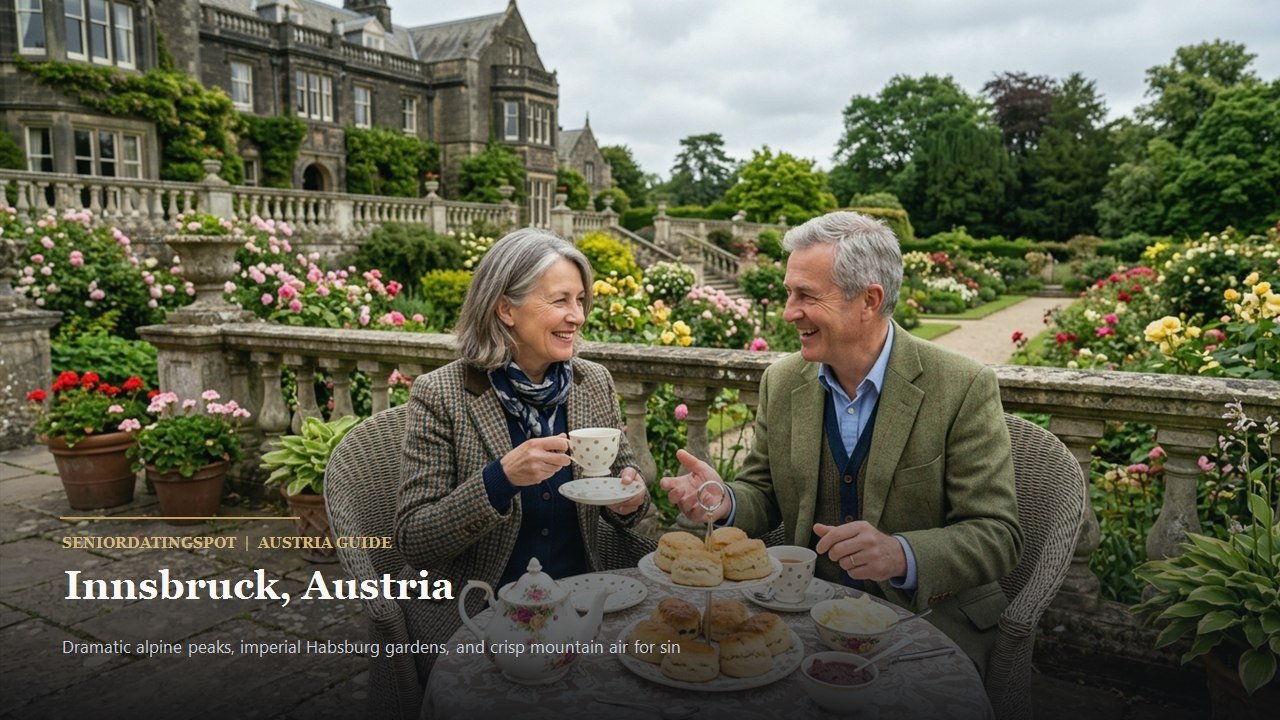 Mature couple enjoying an alpine view from a cafe terrace overlooking the Nordkette mountains in Innsbruck