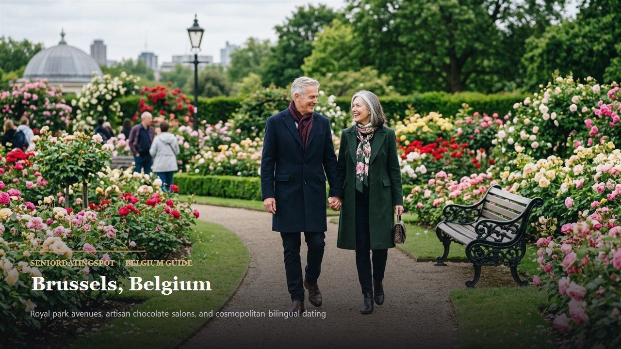 Mature Belgian couple strolling through the manicured avenues of Parc de Bruxelles
