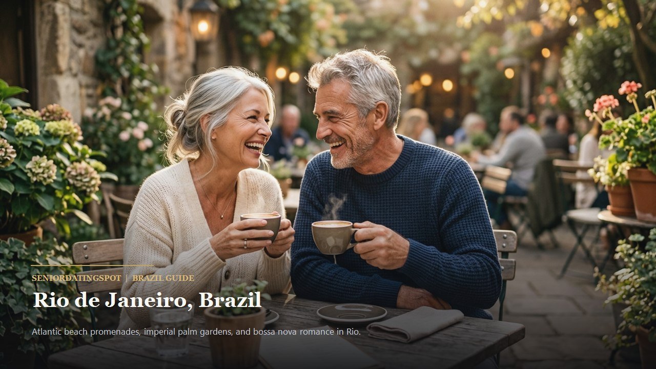 Mature couple walking along the wavy mosaic promenade of Copacabana in Rio de Janeiro