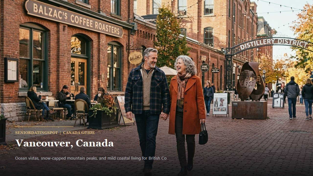 Mature couple walking along Vancouver seawall with mountains and water in background