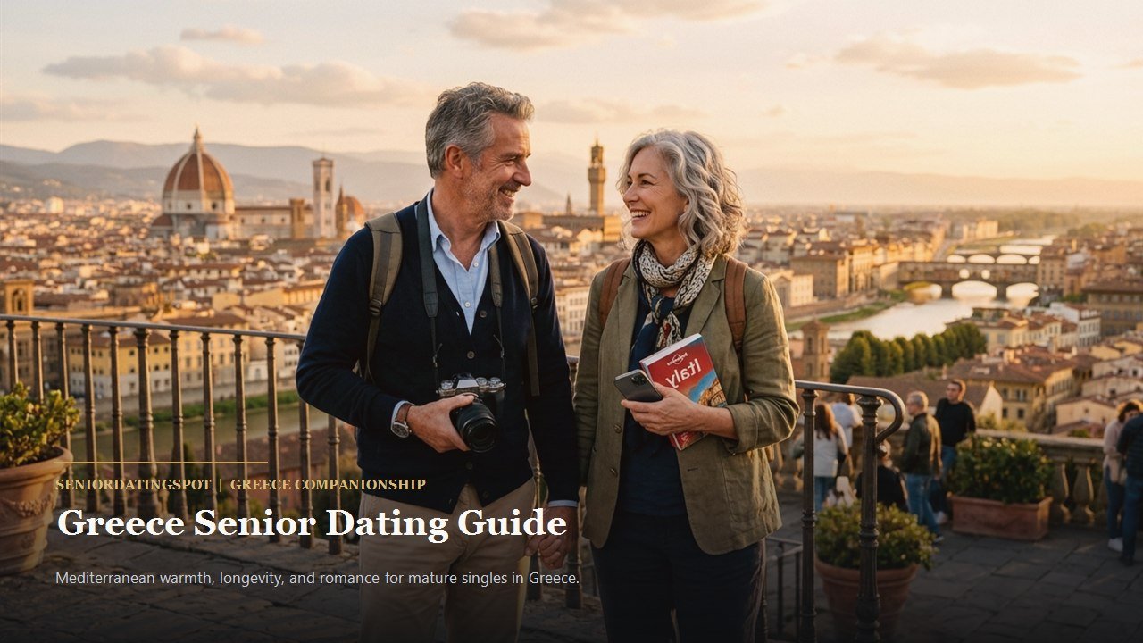 Active mature couple enjoying companionship and romance in Greece, representing senior dating in Greece