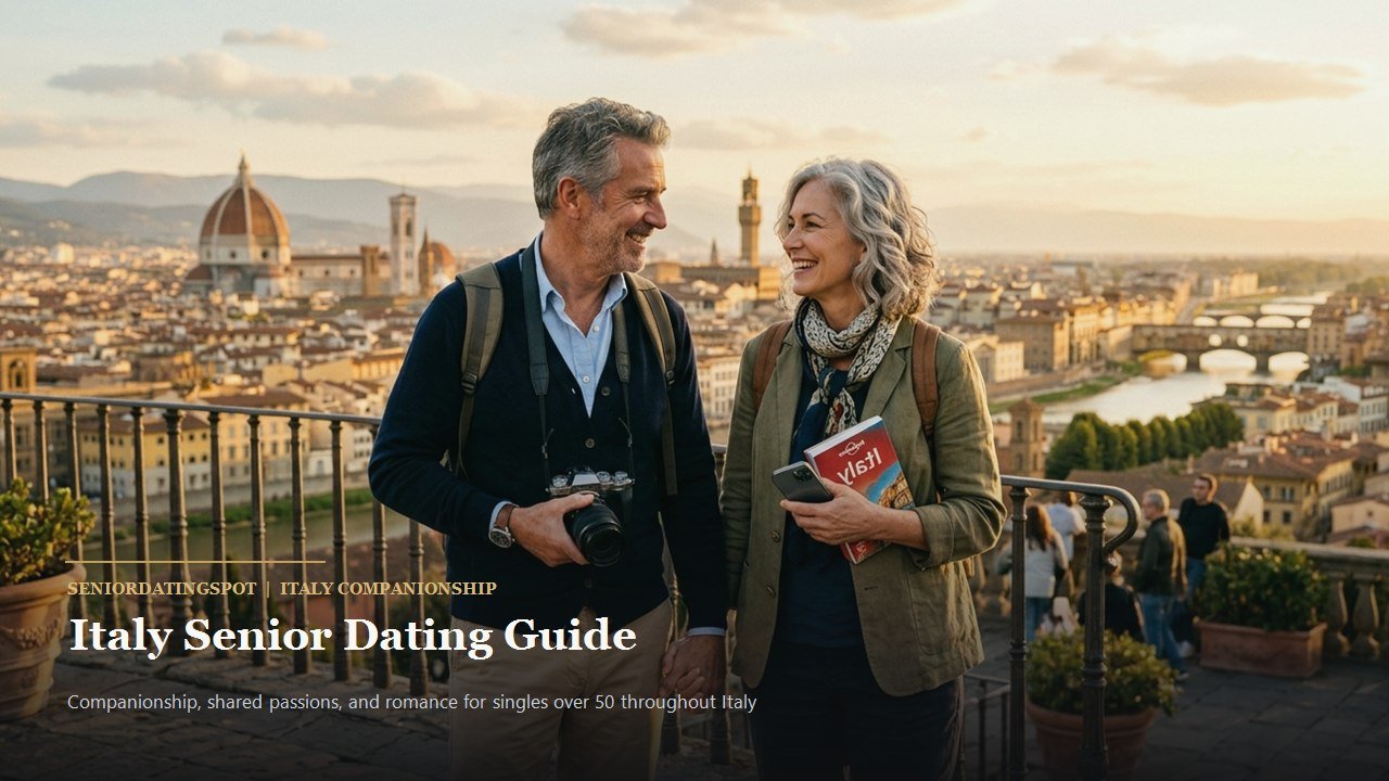 Active mature couple enjoying companionship and romance in Italy, representing senior dating in Italy