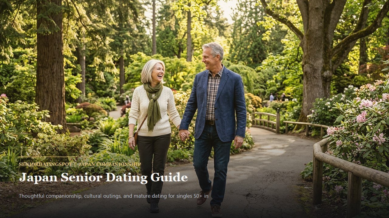 Active mature couple enjoying companionship and romance in Japan, representing senior dating in Japan