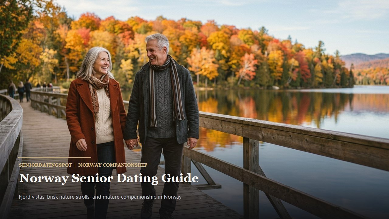 Active mature couple enjoying companionship and romance in Norway, representing senior dating in Norway