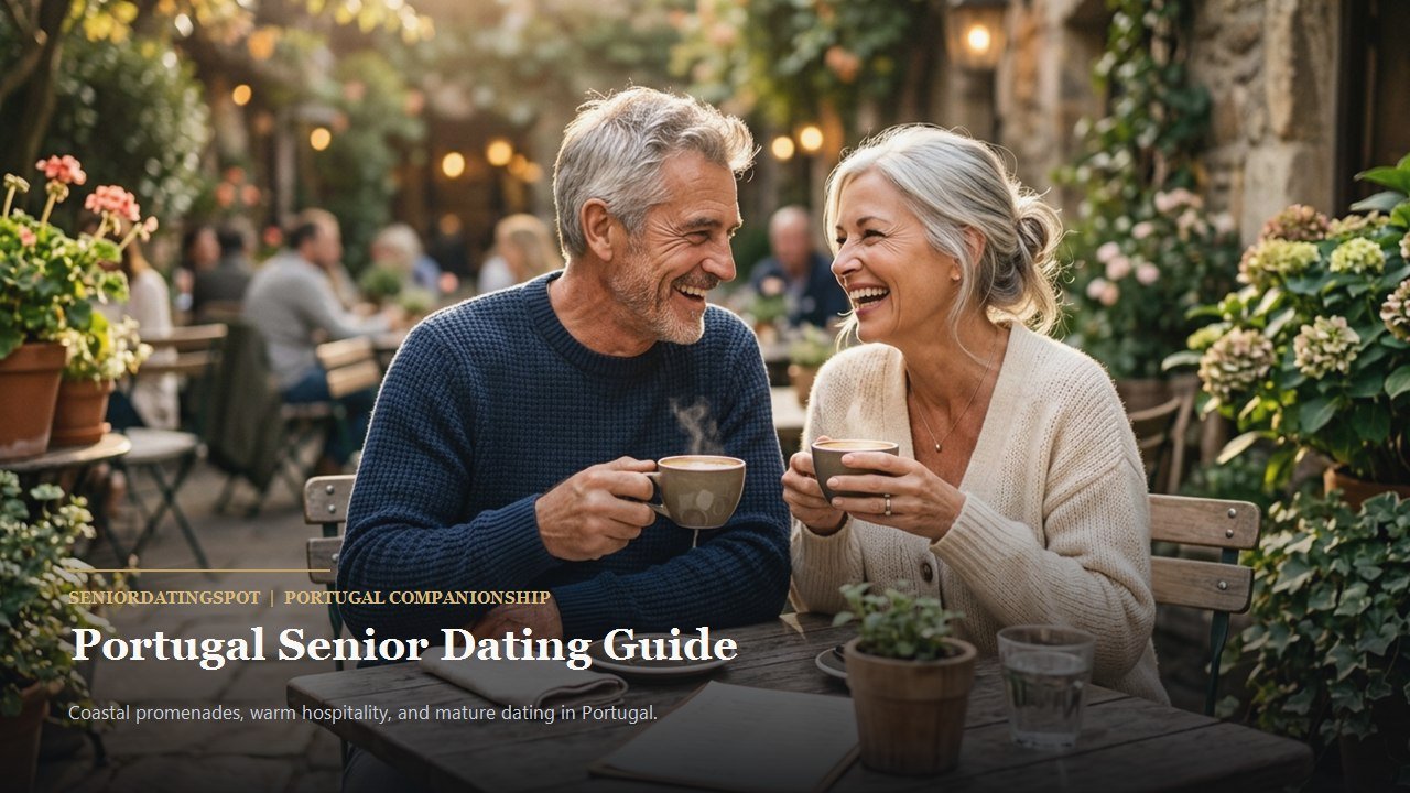 Active mature couple enjoying companionship and romance in Portugal, representing senior dating in Portugal