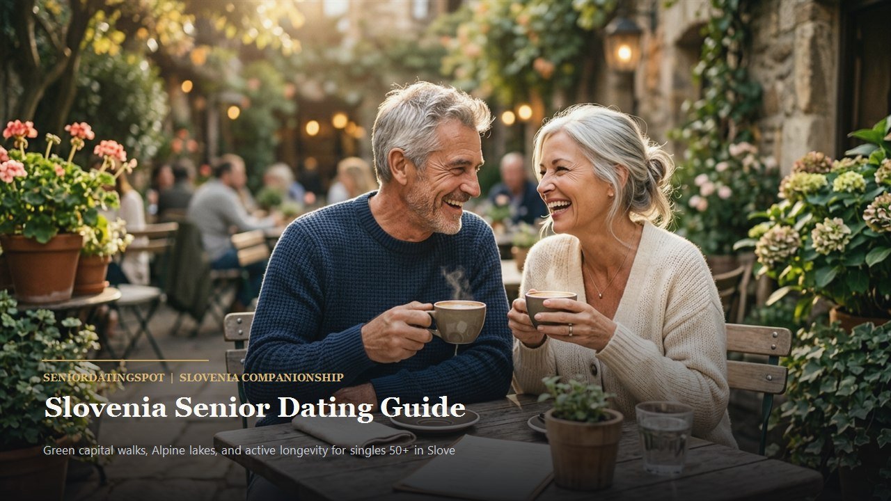 Active mature couple enjoying companionship and romance in Slovenia, representing senior dating in Slovenia