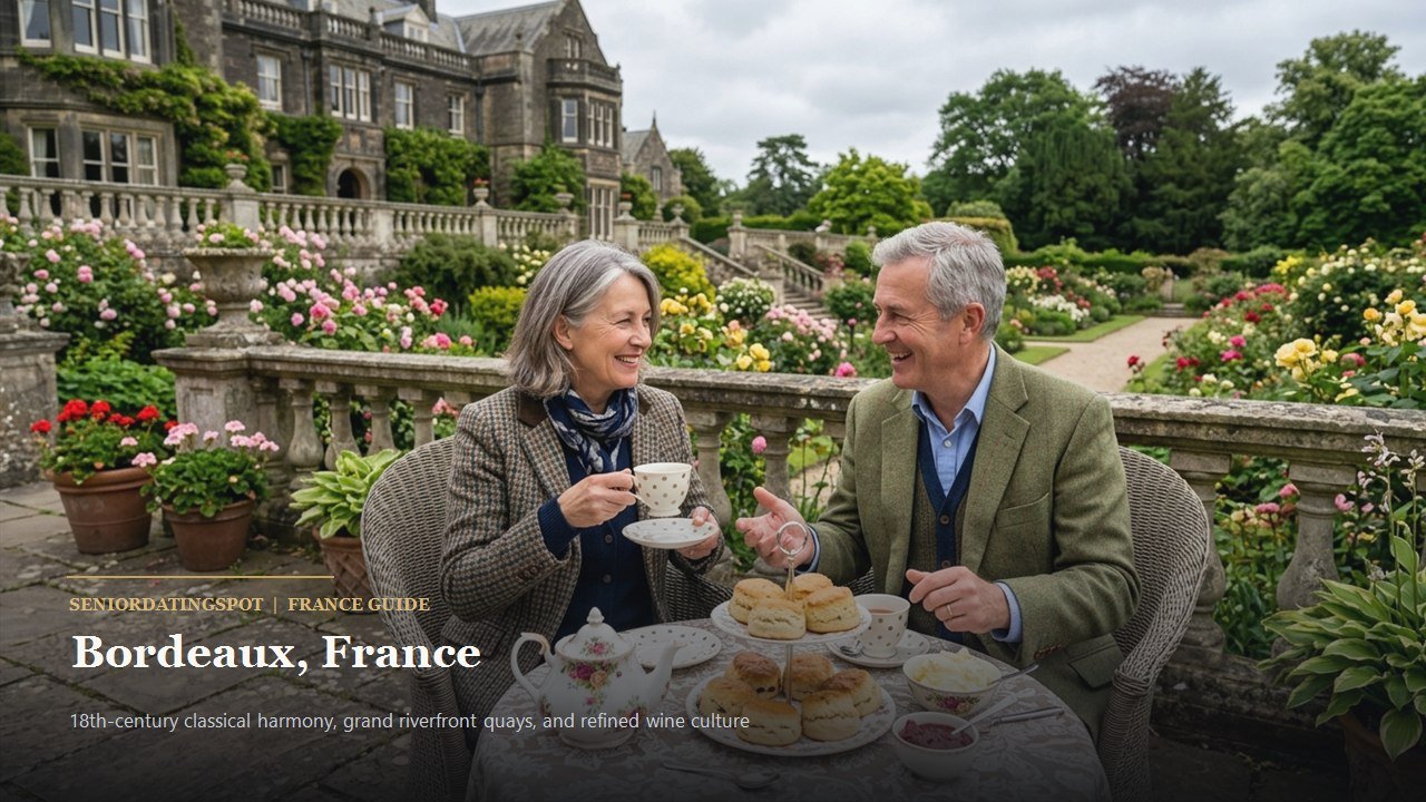 Mature couple walking by the Garonne river in Bordeaux with 18th-century architecture in background