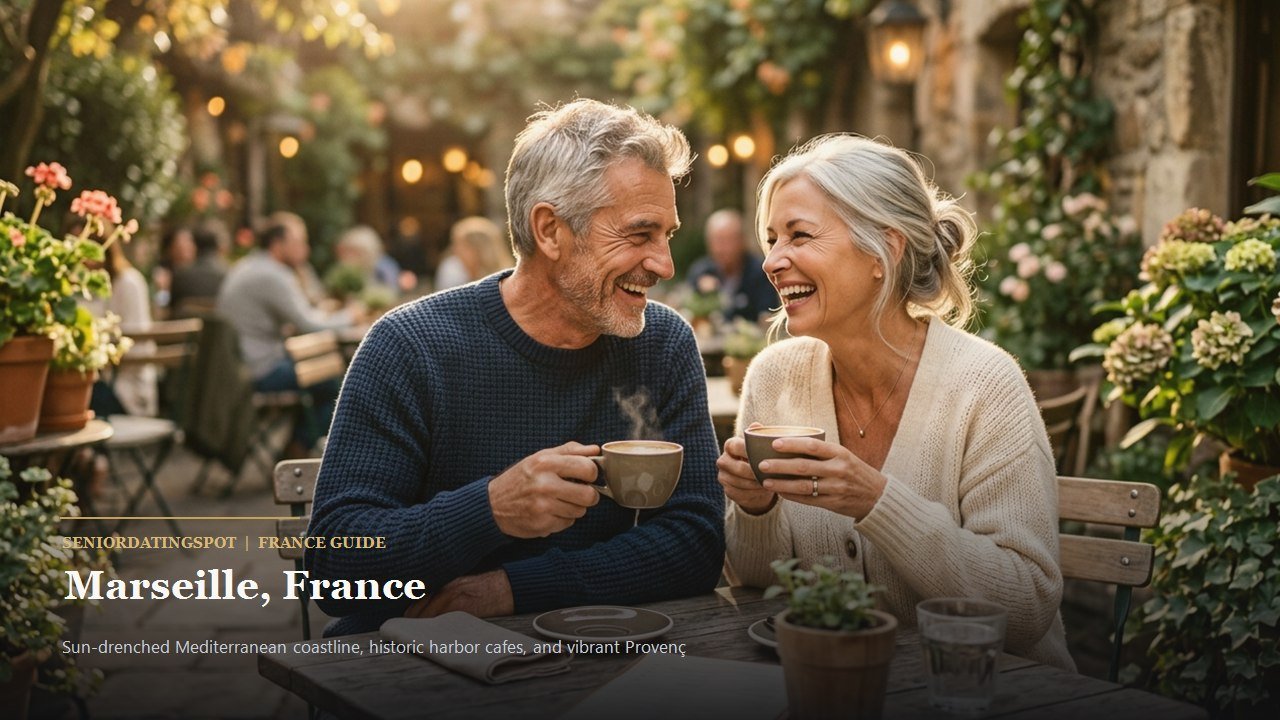 Mature couple smiling on the Mediterranean coastal promenade in Marseille