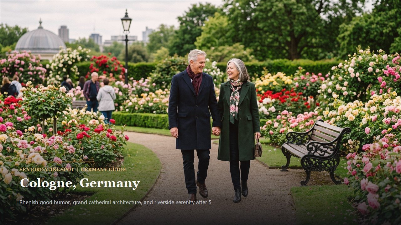 Mature couple walking along the Rhine River promenade in Cologne with cathedral in distance
