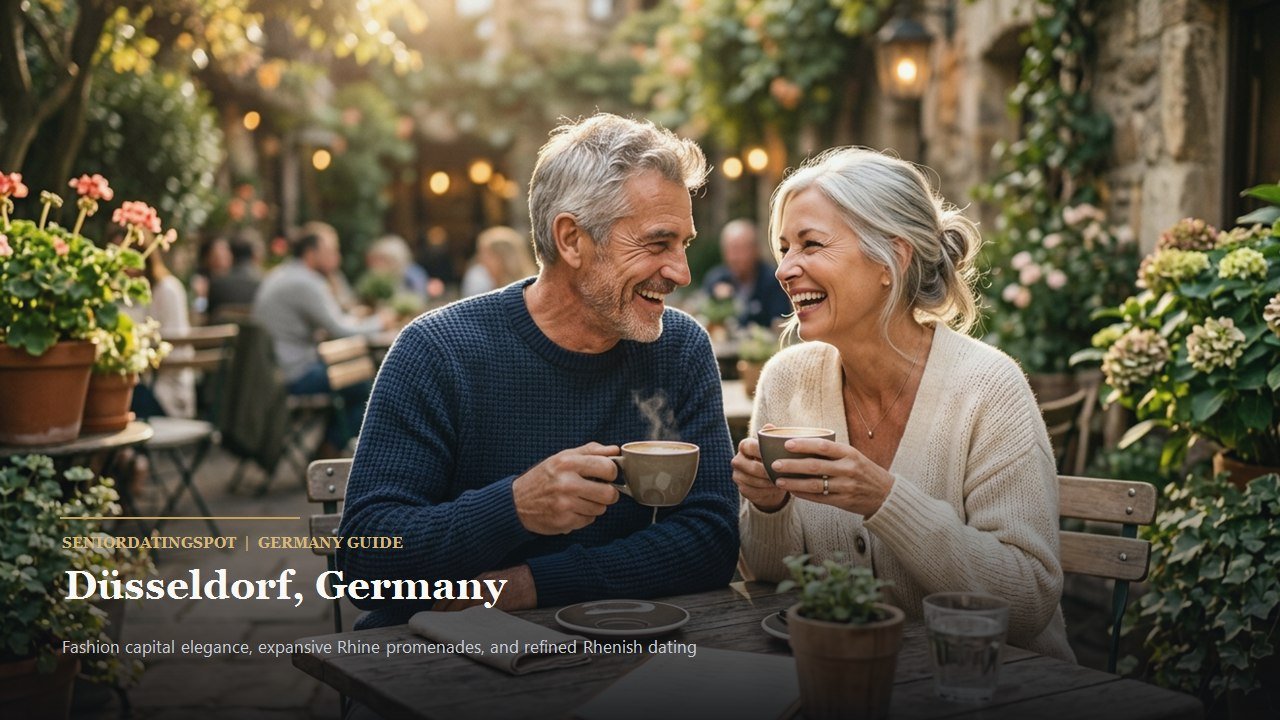 Mature couple enjoying coffee along Rhine Embankment Promenade in Dusseldorf