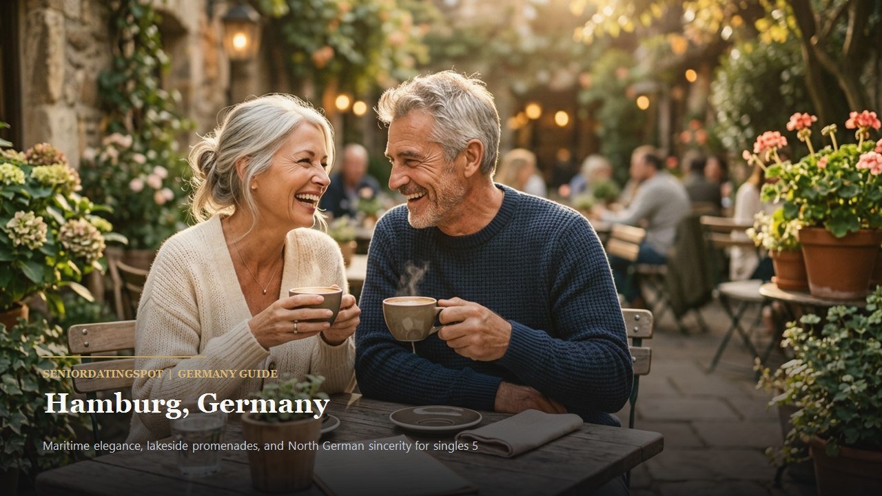 Mature couple walking by the Outer Alster lake in Hamburg with sailboats in background