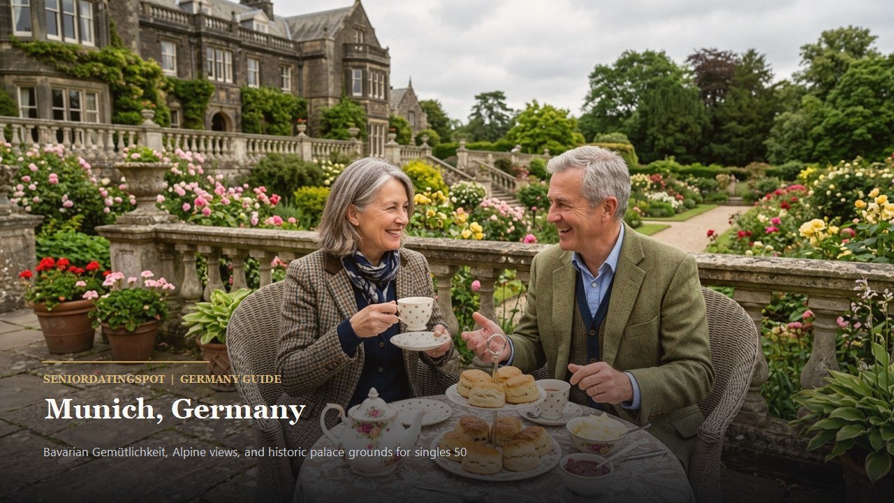 Mature couple having coffee in a beer garden under chestnut trees in Munich