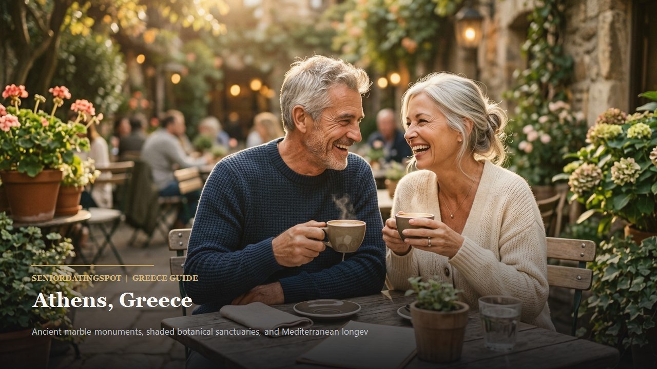 Mature Greek couple enjoying Greek coffee on a shaded terrace in the historic Plaka district of Athens