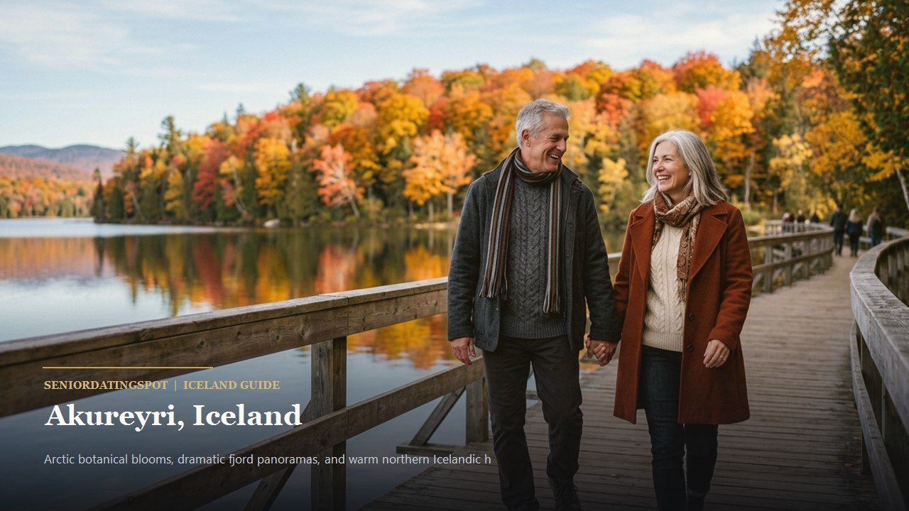 Mature couple strolling through the Arctic Botanical Gardens in Akureyri
