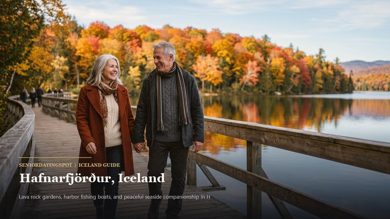 Mature couple walking through the lava rock formations of Hellisgerði park in Hafnarfjörður
