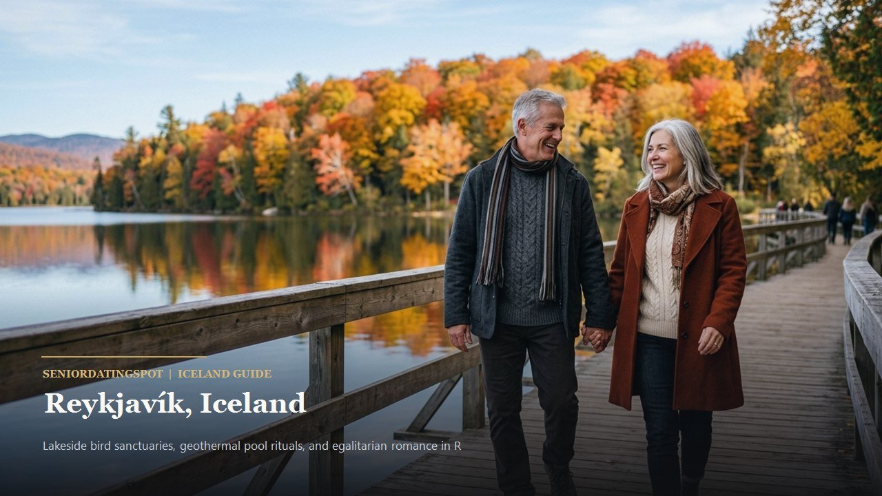 Mature Icelandic couple walking along the shores of Lake Tjörnin in downtown Reykjavík