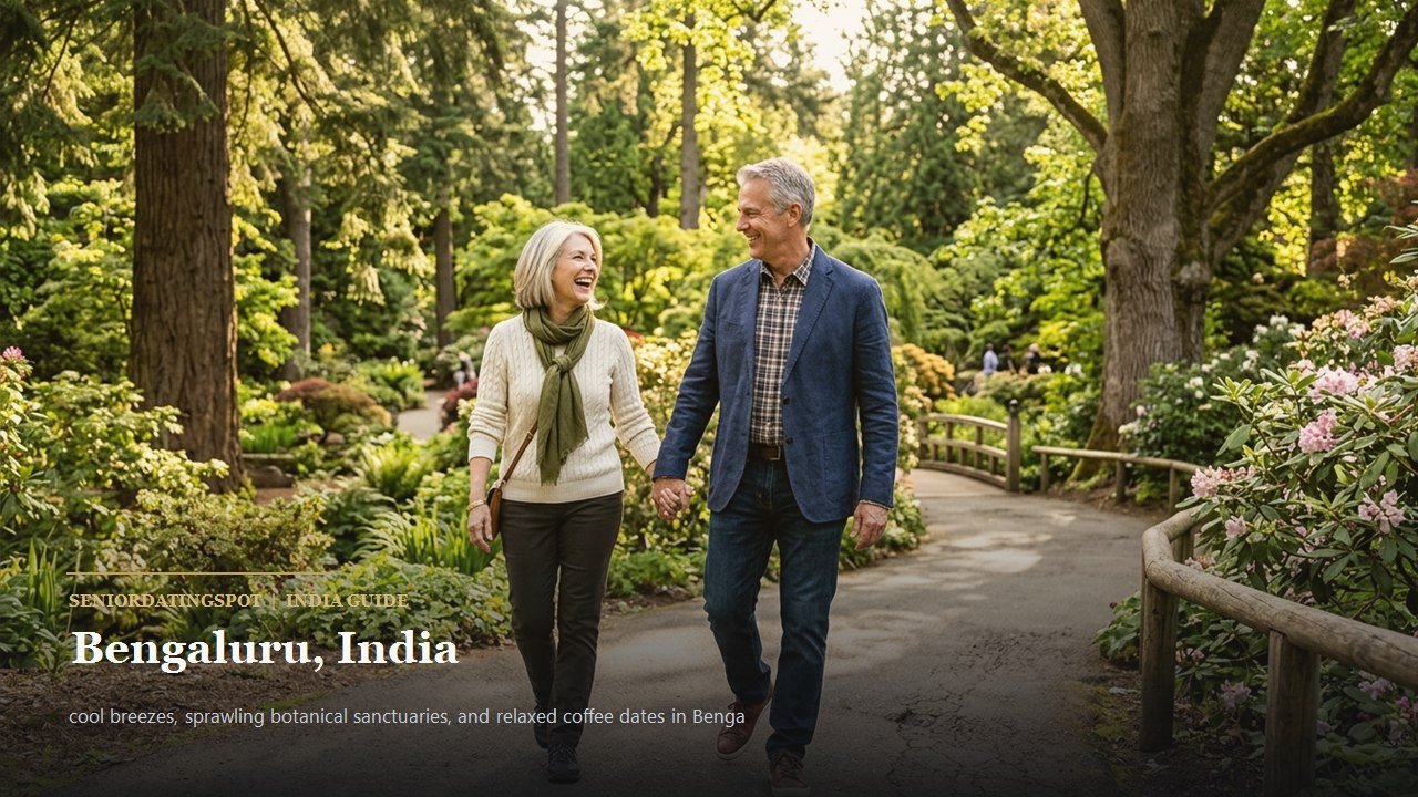 Mature couple walking under shaded bamboo groves in Cubbon Park, Bengaluru