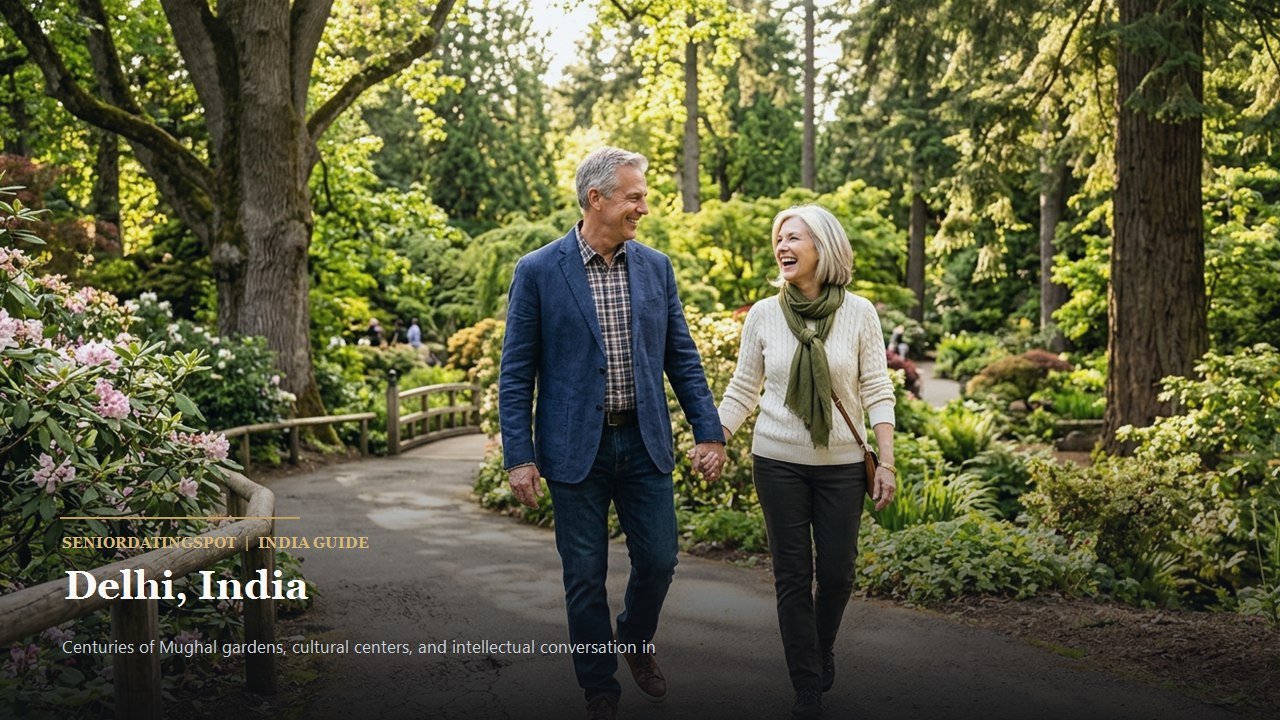 Mature couple walking among Mughal tombs and flowering trees in Lodhi Gardens, Delhi