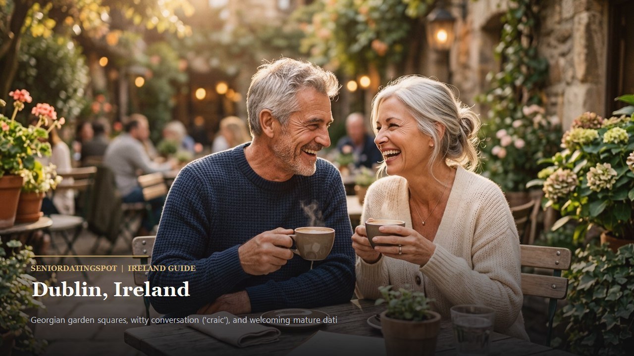 Mature Irish couple smiling and walking past blooming flowerbeds in St. Stephen's Green in Dublin