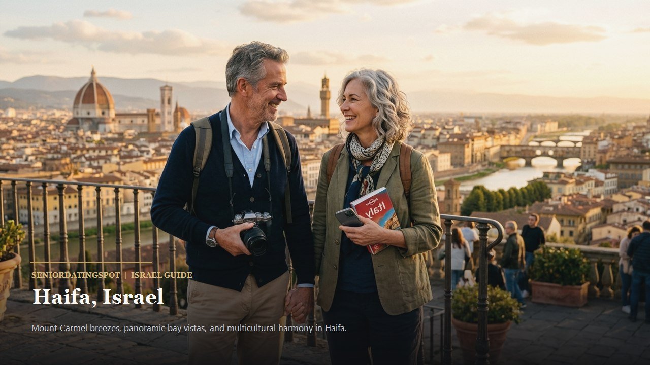 Mature couple looking out over the Bay of Haifa from the panoramic Louis Promenade