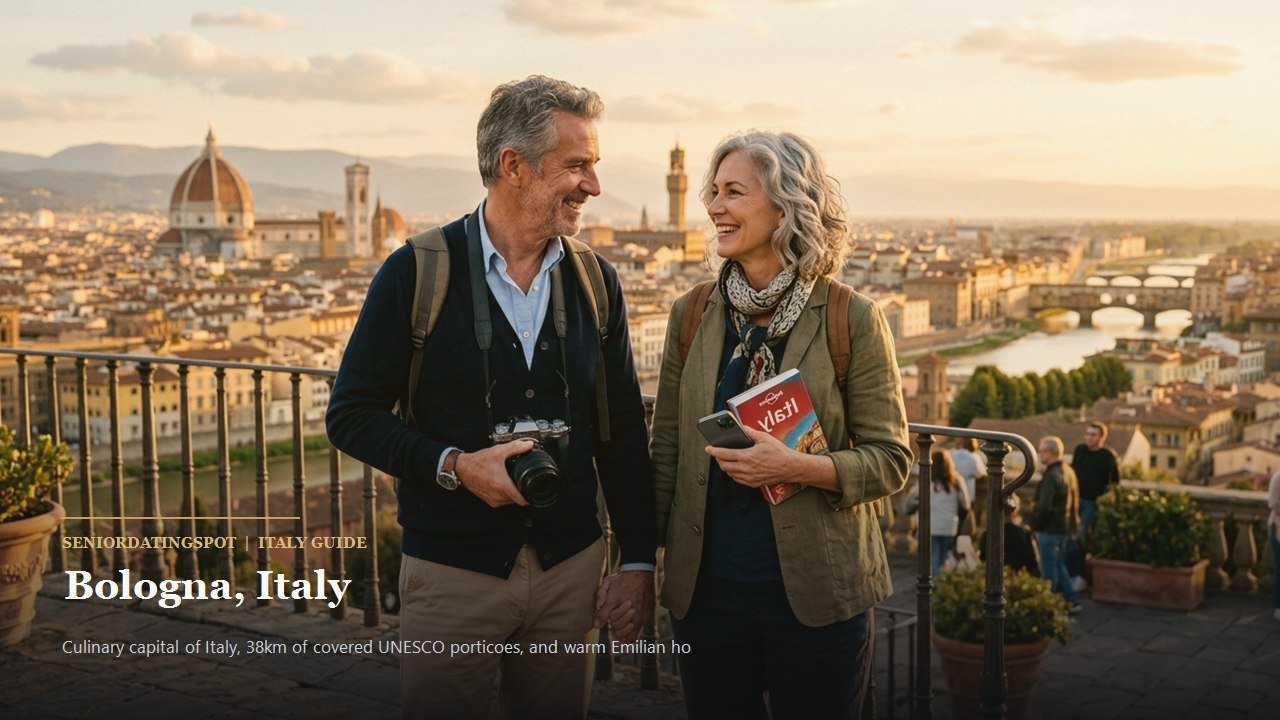 Mature couple walking under the historic terracotta porticoes in Bologna