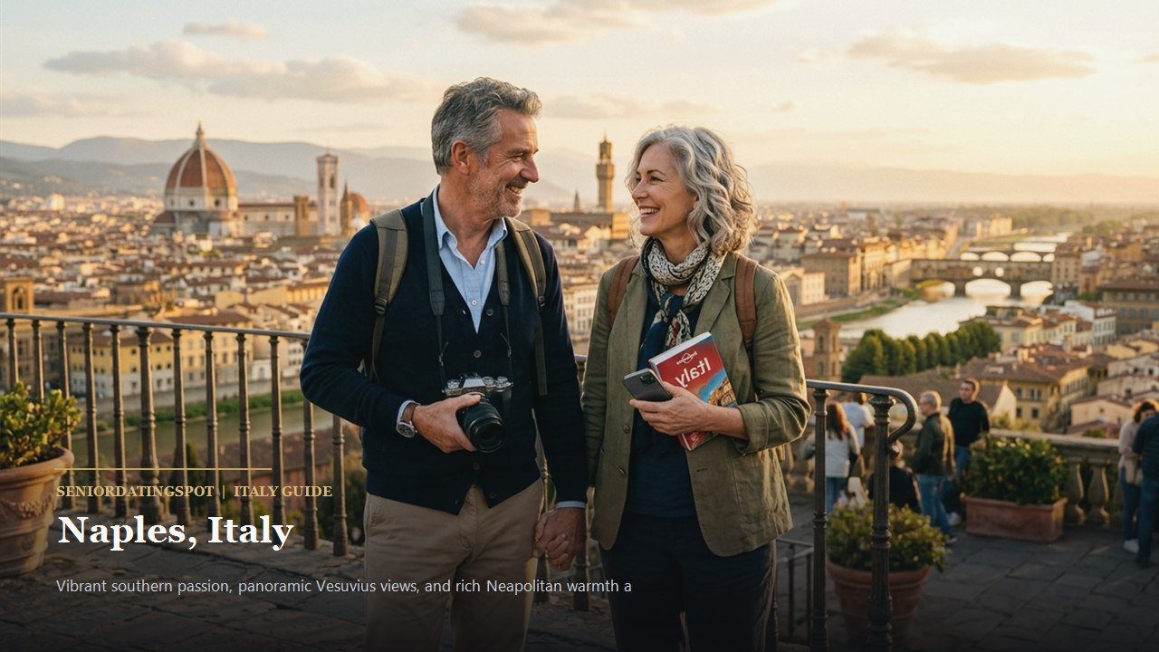 Mature couple walking along the seafront promenade in Naples with Mount Vesuvius in distance