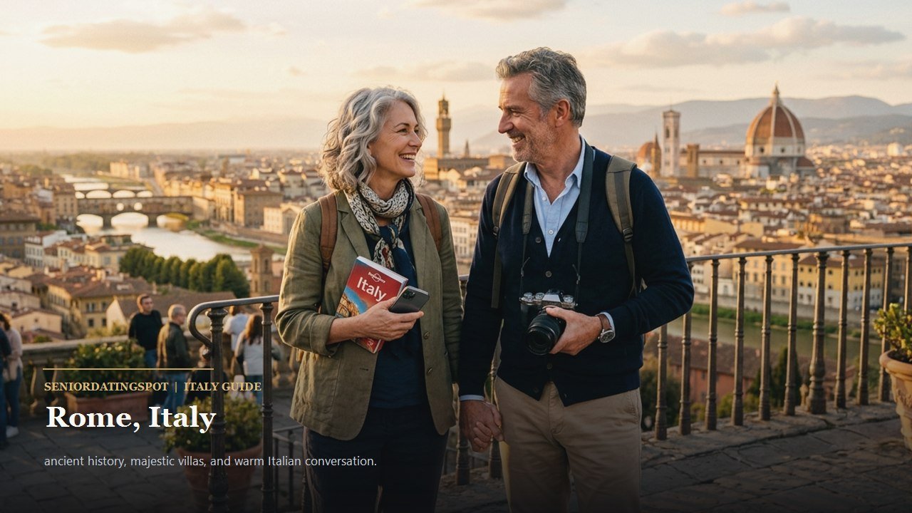 Mature Italian couple walking through Villa Borghese gardens in Rome overlooking historic domes