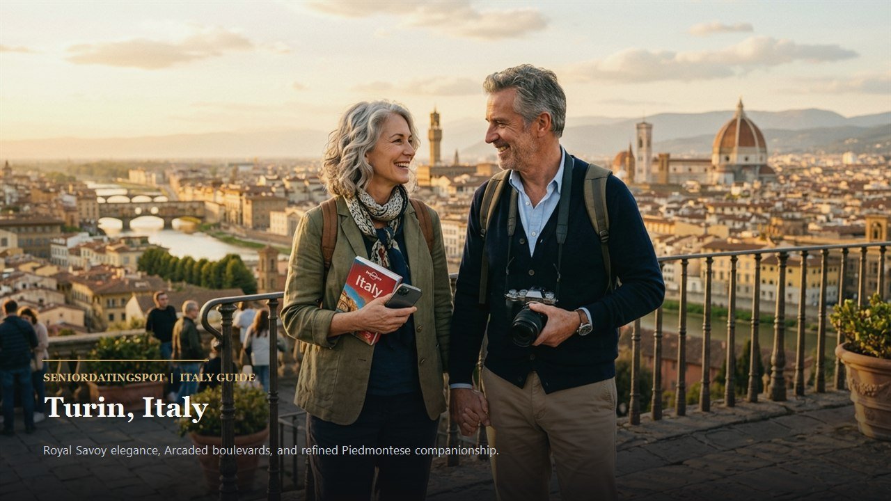 Mature couple walking along the Po River in Parco del Valentino in Turin