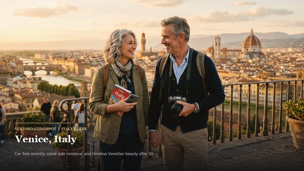 Mature Italian couple walking along Fondamenta Zattere in Venice with canal views