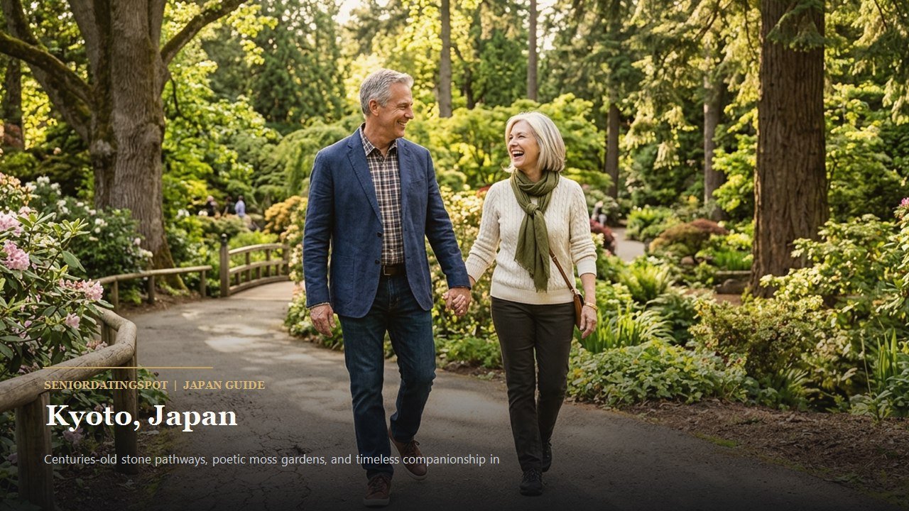 Mature couple strolling through a tranquil moss garden in Kyoto
