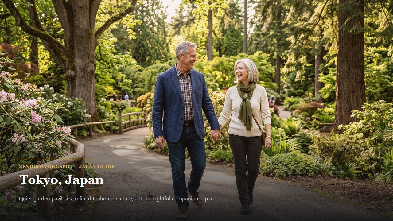 Mature couple enjoying a serene morning stroll along a manicured garden path in Tokyo