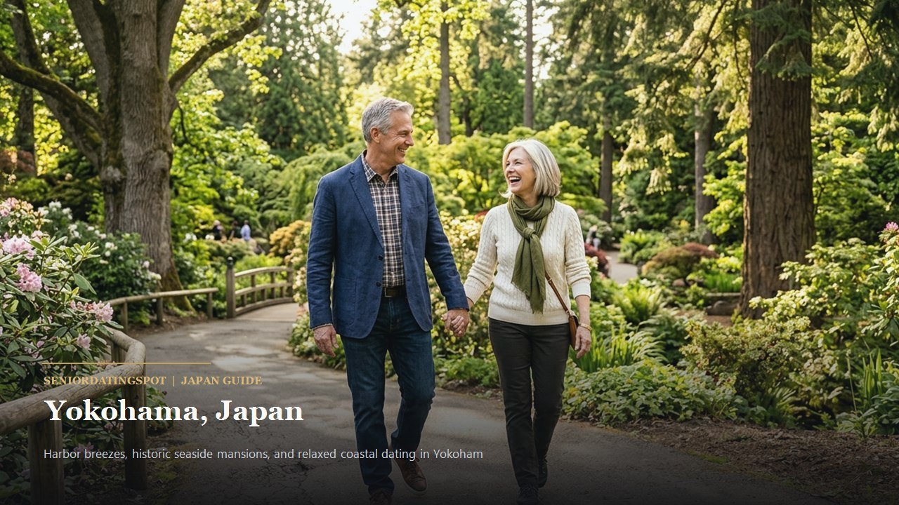 Mature couple enjoying maritime ocean views along Yamashita Park in Yokohama