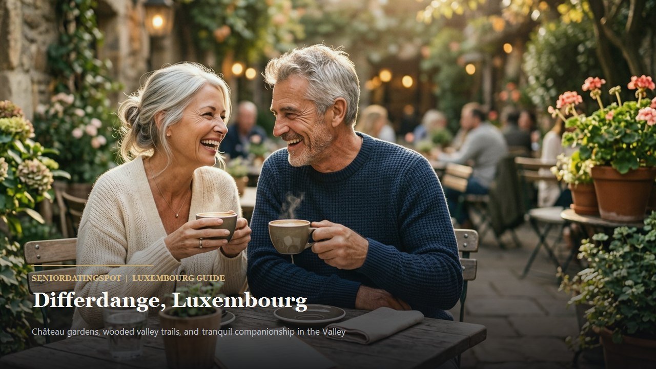 Mature couple strolling through the grounds of Château de Differdange
