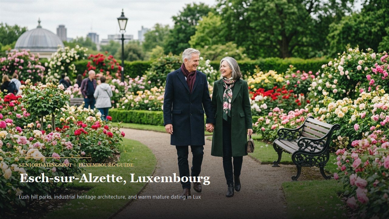 Mature couple walking through the rose gardens of Parc du Gaalgebierg in Esch-sur-Alzette