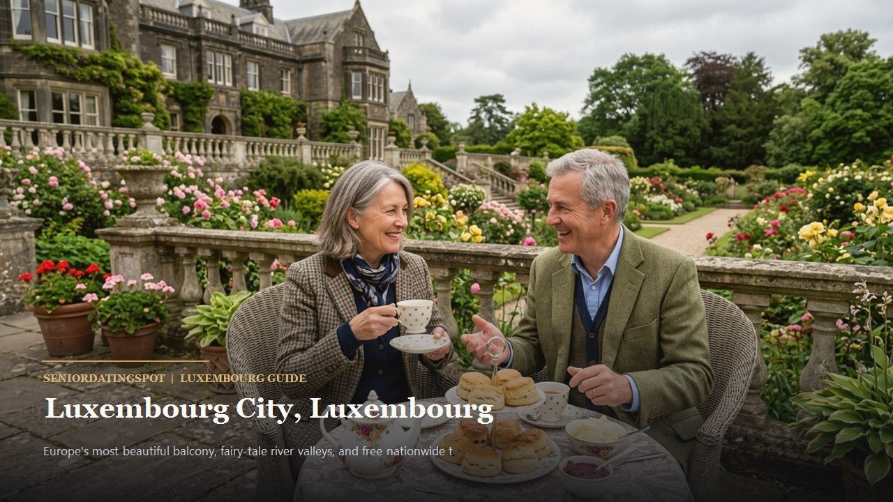 Mature couple walking along the Chemin de la Corniche in Luxembourg City with valley views