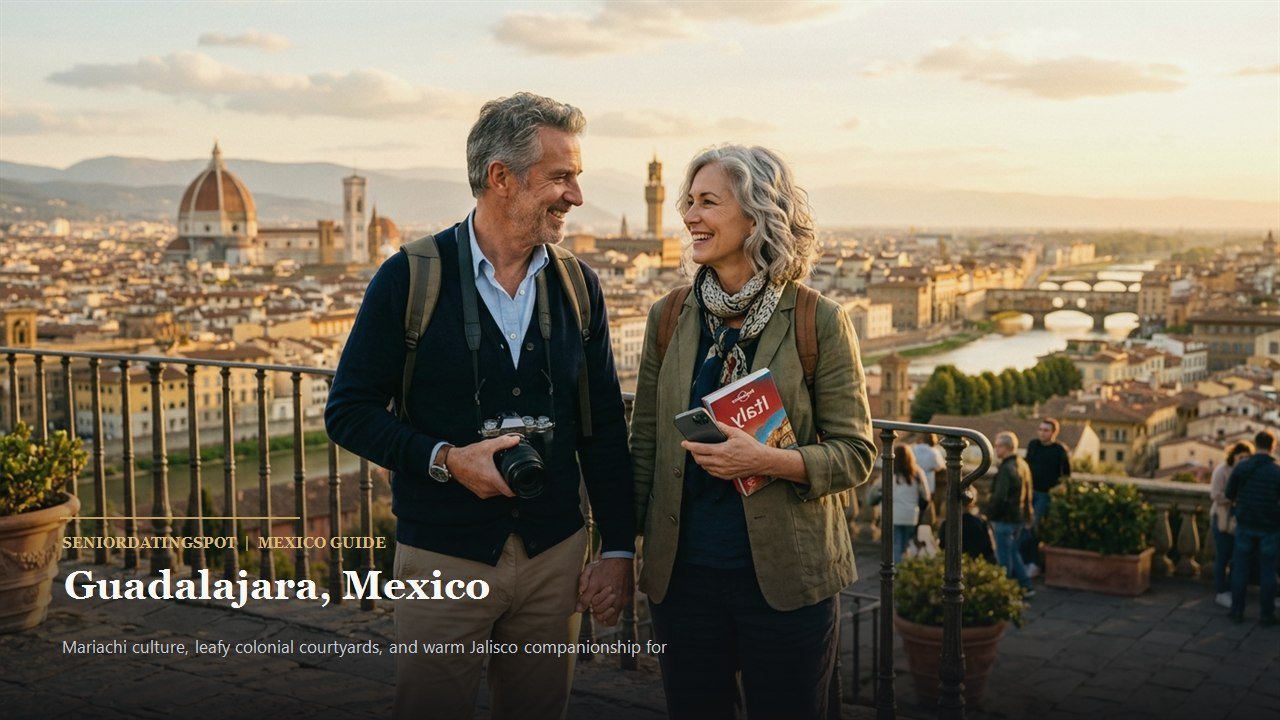 Mature couple walking through the historic pedestrian courtyards of Tlaquepaque in Guadalajara