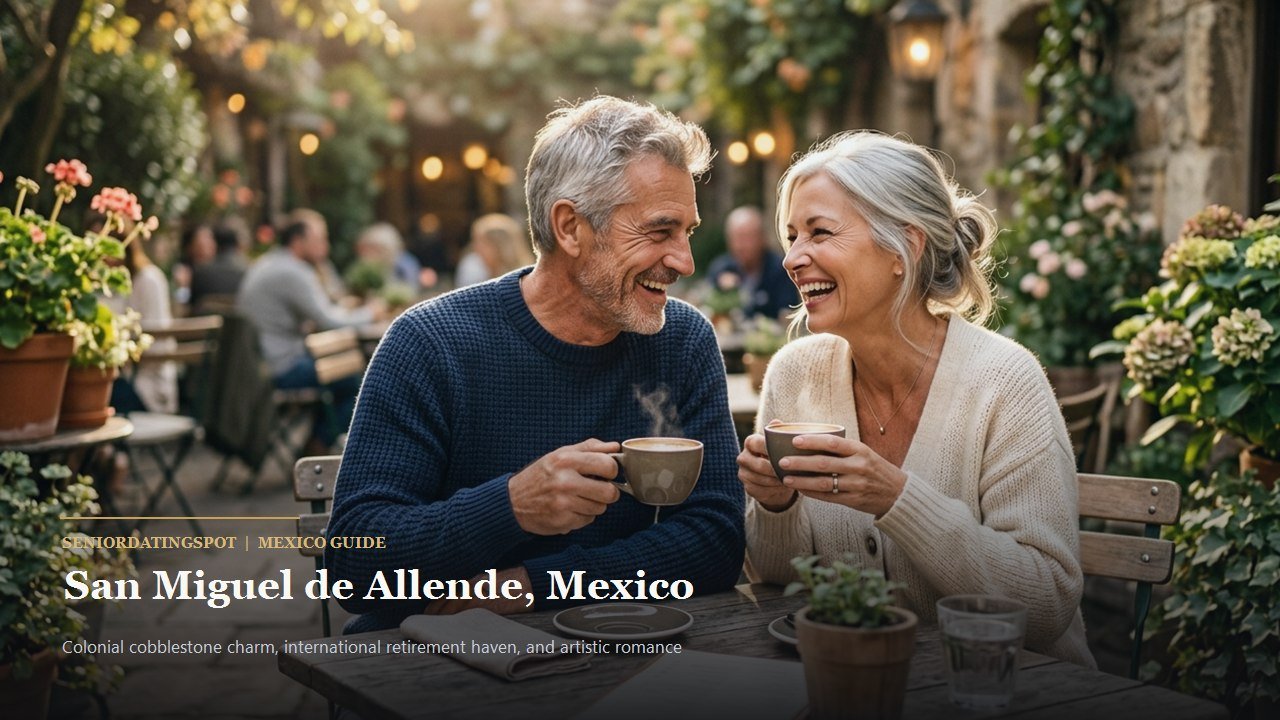 Mature couple walking on cobblestone lanes past colonial architecture in San Miguel de Allende