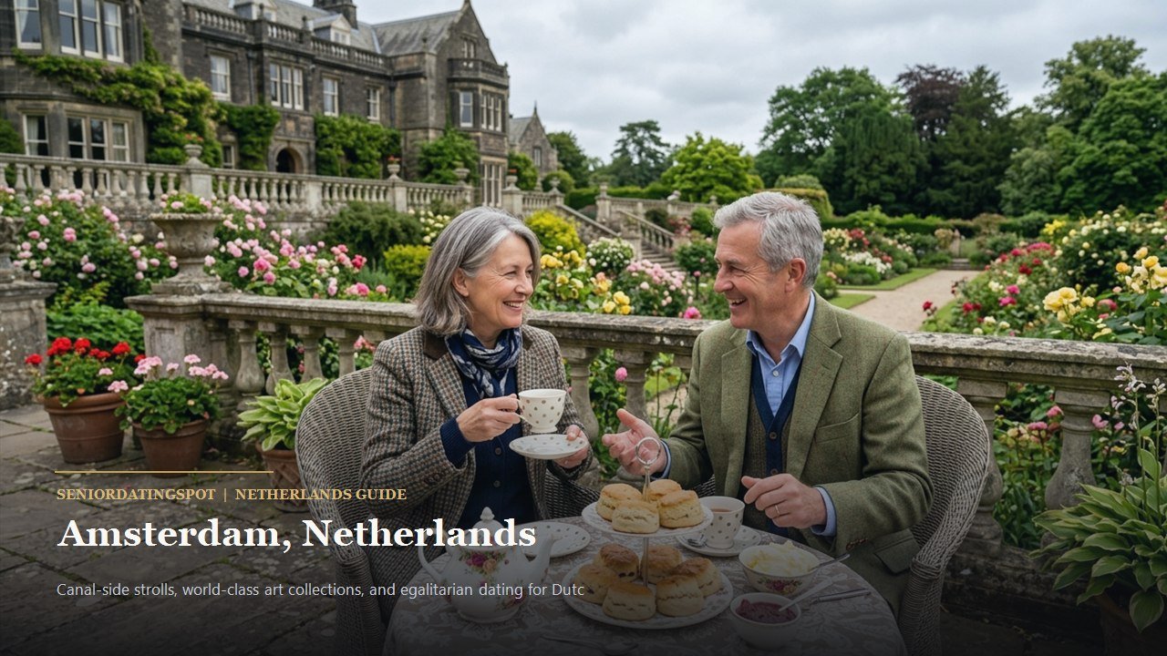 Mature Dutch couple enjoying coffee along a quiet tree-lined canal in Amsterdam