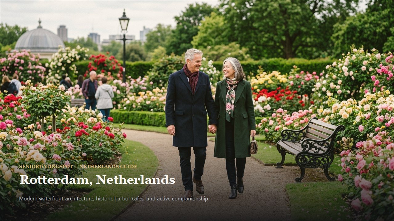 Mature couple strolling along the historic harbor of Delfshaven in Rotterdam