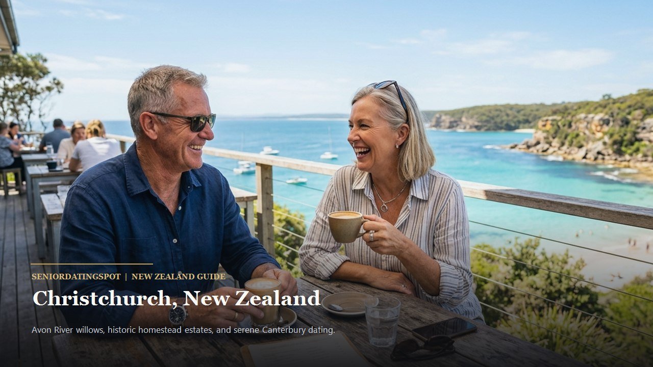 Mature couple enjoying a scenic walk along the Avon River in Christchurch Botanic Gardens