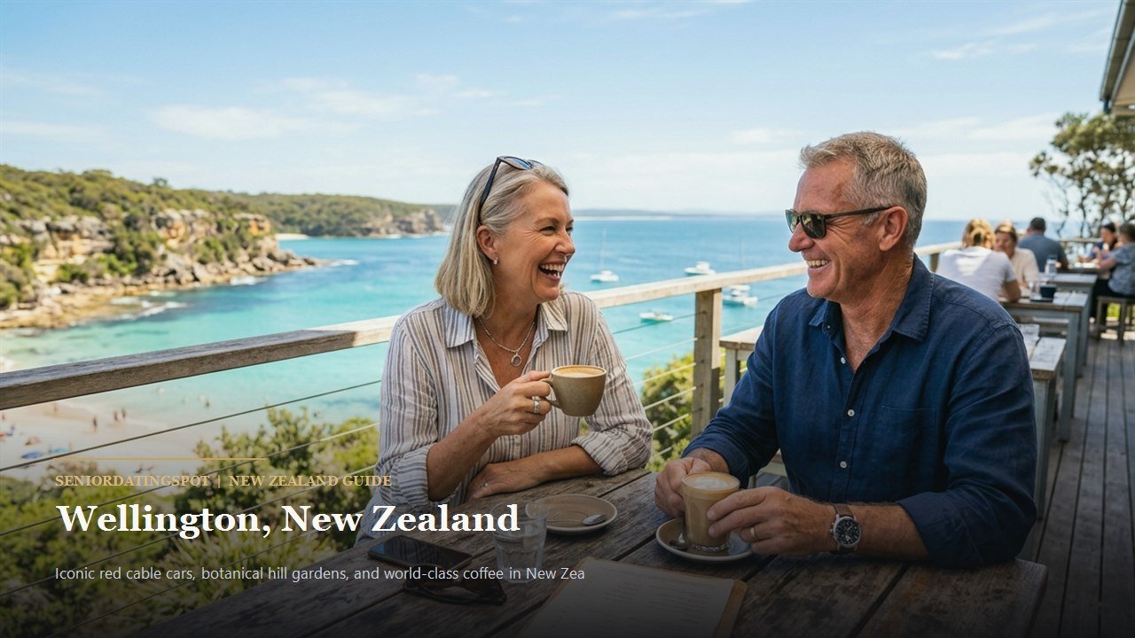 Mature Kiwi couple enjoying coffee overlooking Wellington harbour and city skyline from the Botanic Garden