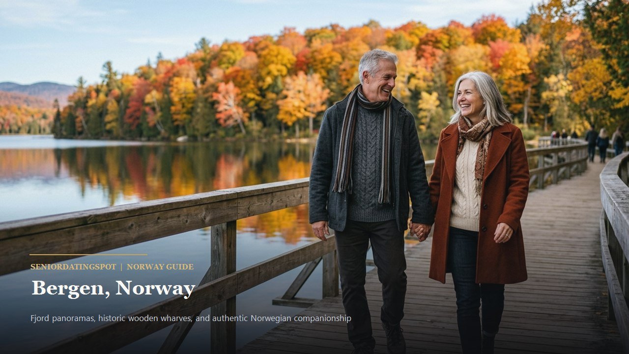 Mature couple enjoying a panoramic view of the fjord and colorful wooden houses from Mount Fløyen in Bergen