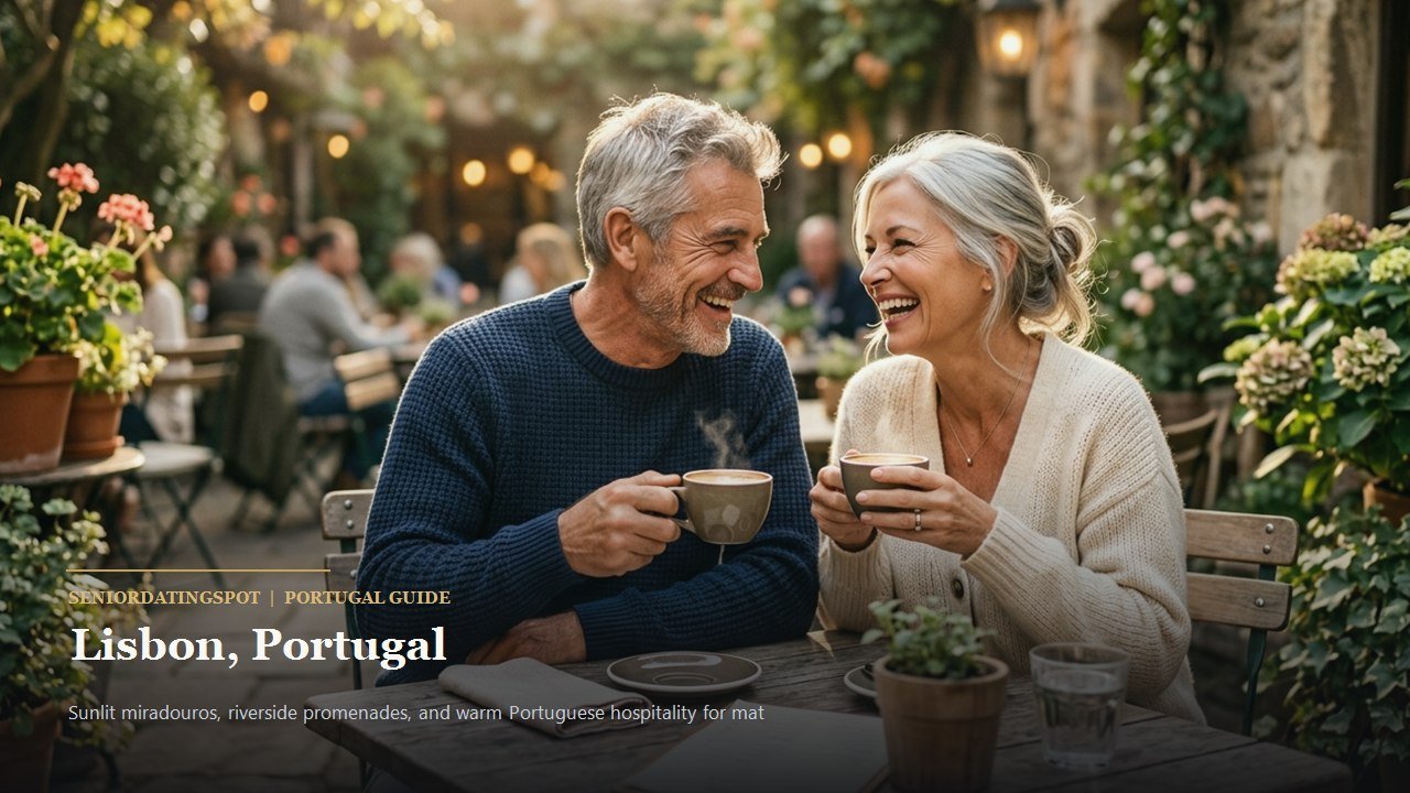 Mature couple enjoying espresso at a scenic miradouro viewpoint overlooking Lisbon terracotta roofs and the Tagus River